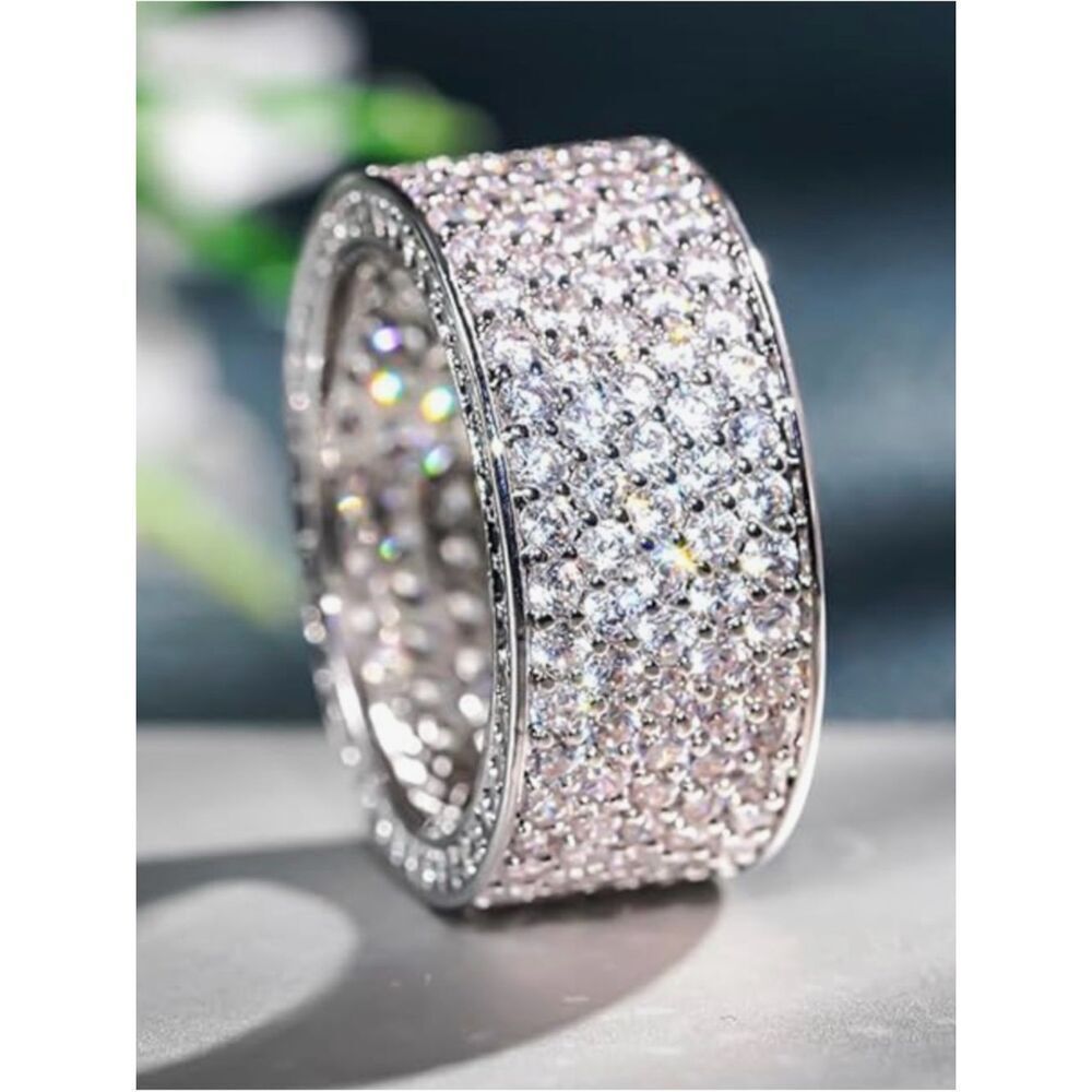 🩶 NEW Sparkling Crystal Pave Wide Band Ring - Silver Tone 🩶